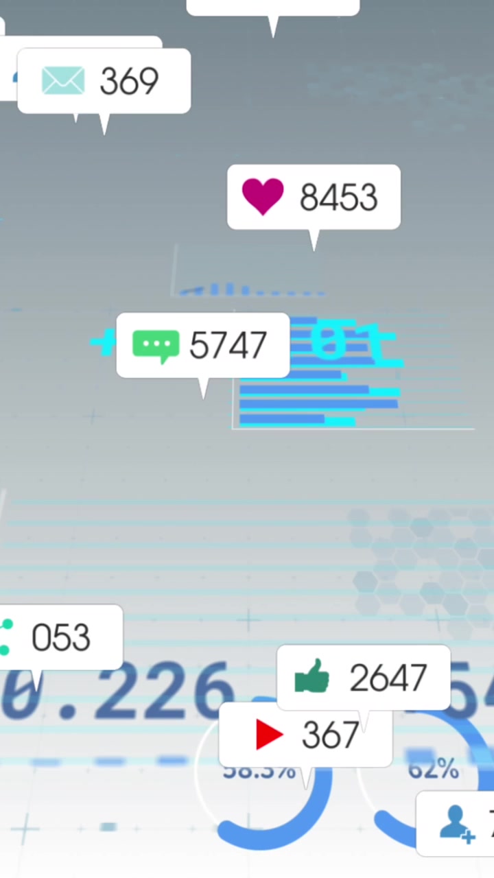 Animation of social media icons floating over statistical data processing against grey background