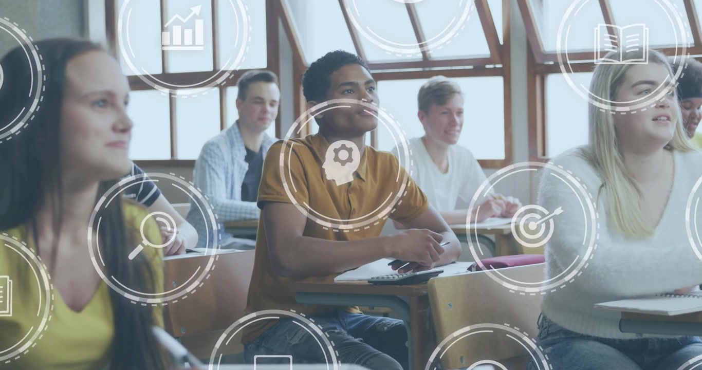 Teacher speaking off-camera sparking animated icons swirling over desks showing learning concepts