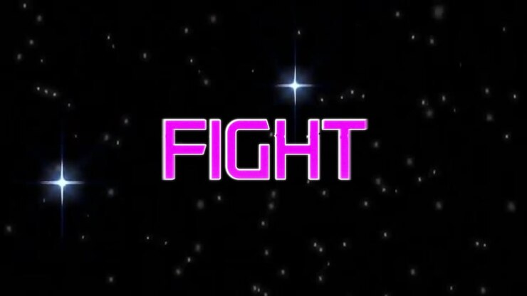 Particelle alla deriva che convergono, dando il via a segmenti magenta pulsanti, quindi tracciando lettere neon FIGHT.