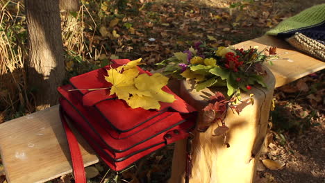 garden bench with red bag with yellow leaves resting on it