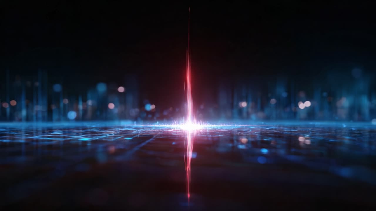 A stunning visual of a bright laser beam piercing through a digital landscape, illuminating the surrounding space with vibrant colors and intricate patterns