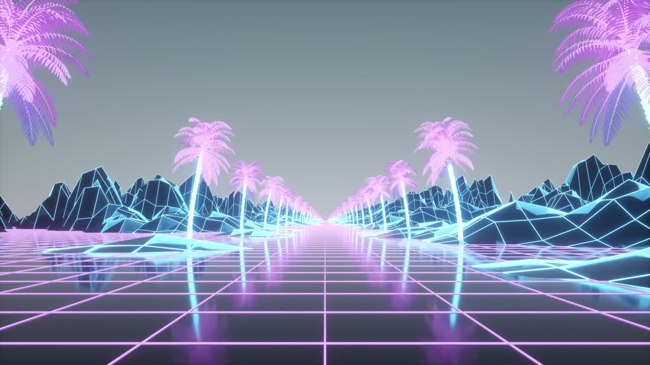 Retro futuristic animation. Camera moves forward palm tree alley. Retro 80s style synthwave background