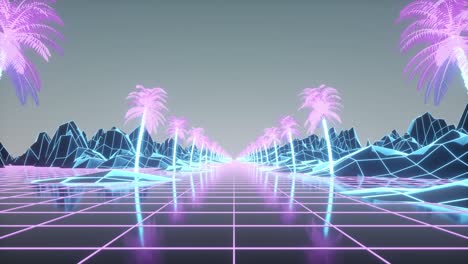 animación retro futurista. la cámara se mueve hacia adelante callejón de palmeras. retro 80s estilo fondo de onda sintética