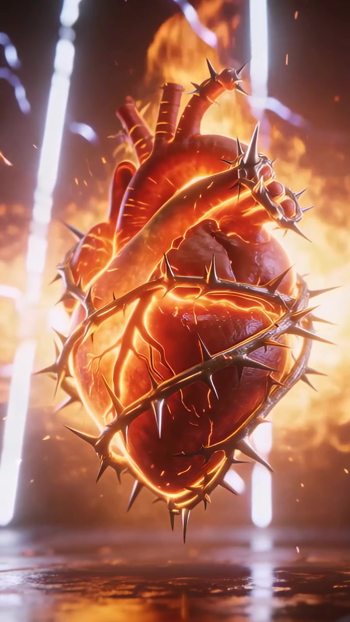 Video verticale: Cuore luminoso rotante che pulsa in studio con una fiamma che sale rivelando una vite spinosa.