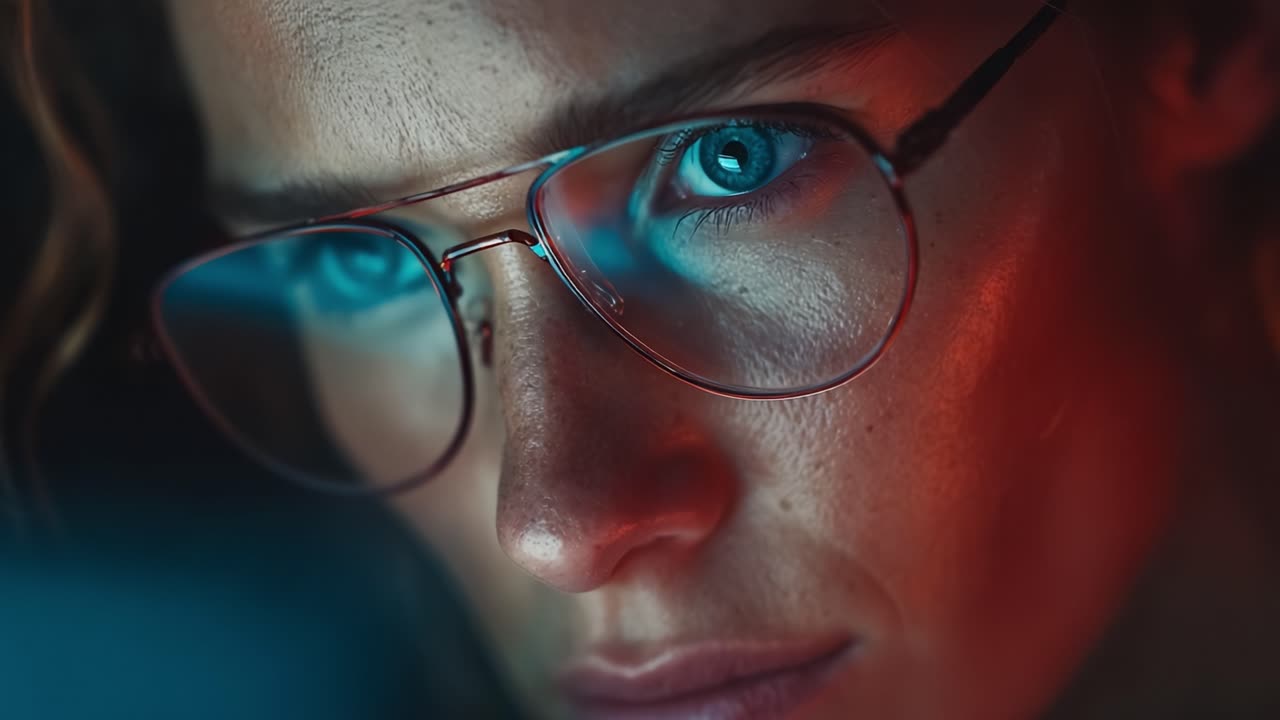 Sguardo intensamente concentrato: primo piano di una giovane donna con sorprendenti occhi azzurri e occhiali alla moda, che cattura l'essenza della concentrazione e dell'introspezione in una luce vivida