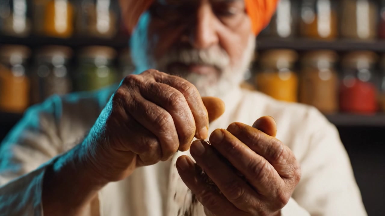 Una persona anziana macina abilmente spezie in una cucina piena di barattoli di ingredienti colorati, mostrando una profonda connessione con le tradizioni e i sapori culinari.