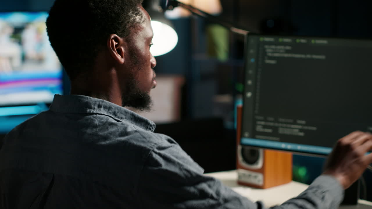 Male developer entering binary data on terminal panel while writing html code