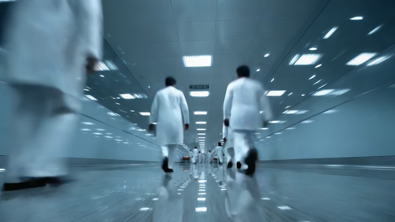 A Chilling Journey Through a Dimly Lit Hospital Corridor, Where Medical Staff Navigate the Halls in Search of Patients Under Care