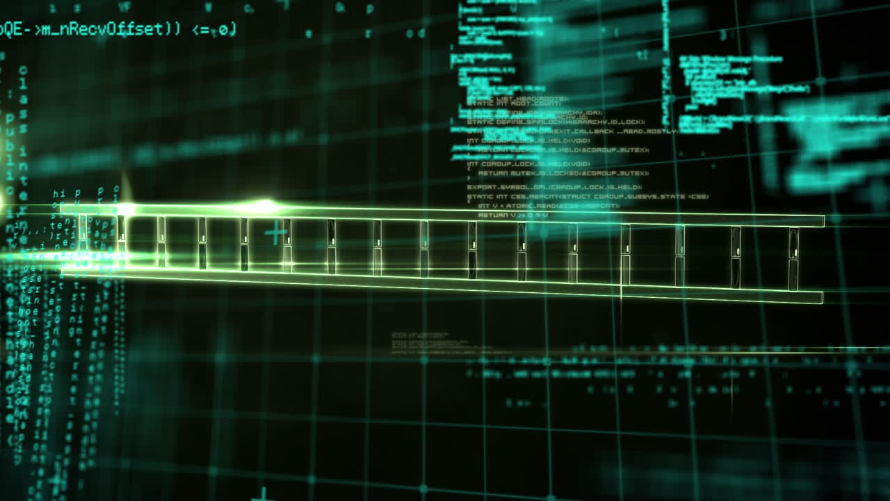 Animation of dna strand over data processing shapes on black background