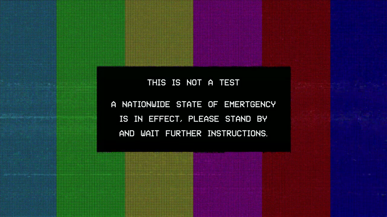Emergency Broadcast System Warning on Glitching TV Test Pattern