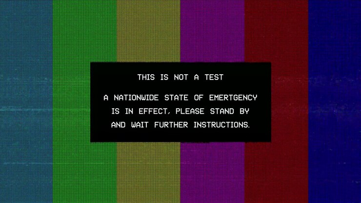 Emergency Broadcast System Warning on Glitching TV Test Pattern