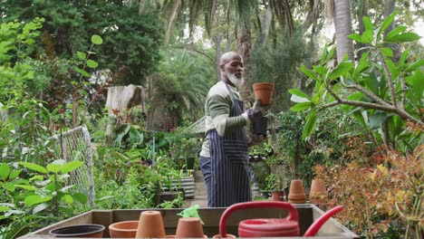 happy senior african american man holding flowerpots in garden