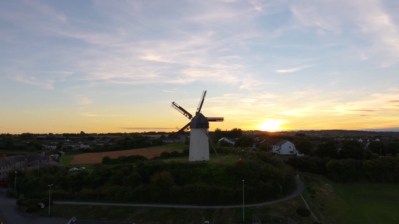 4K High-resolution drone shot of the historic Skerries windmills, at the sunset Co.Dublin, Ireland_01