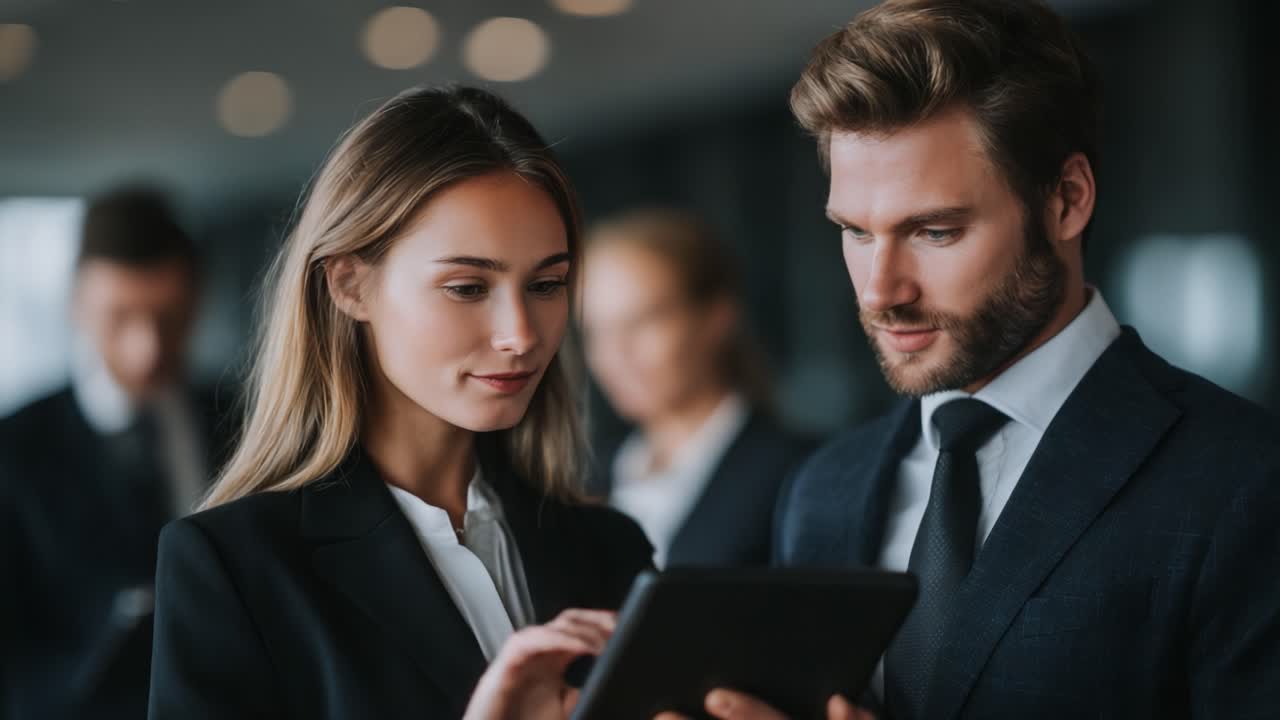 Engaged Professionals Collaborating with a Tablet in a Modern Office Environment, Fostering Communication and Innovation Among Colleagues