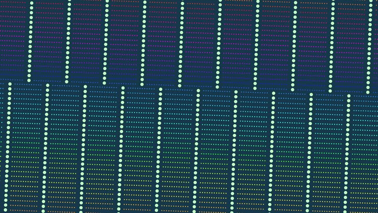A colorful grid of vertical and horizontal lines forms a checkerboard pattern with squares of various colors, creating a vibrant and eye-catching design