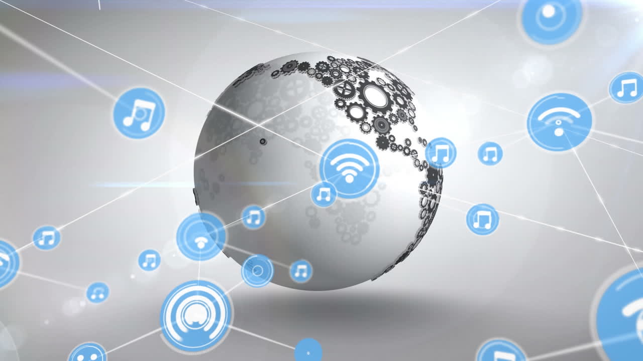 анимация сети цифровых икон над вращающимся глобусом и светлыми точками на сером фоне