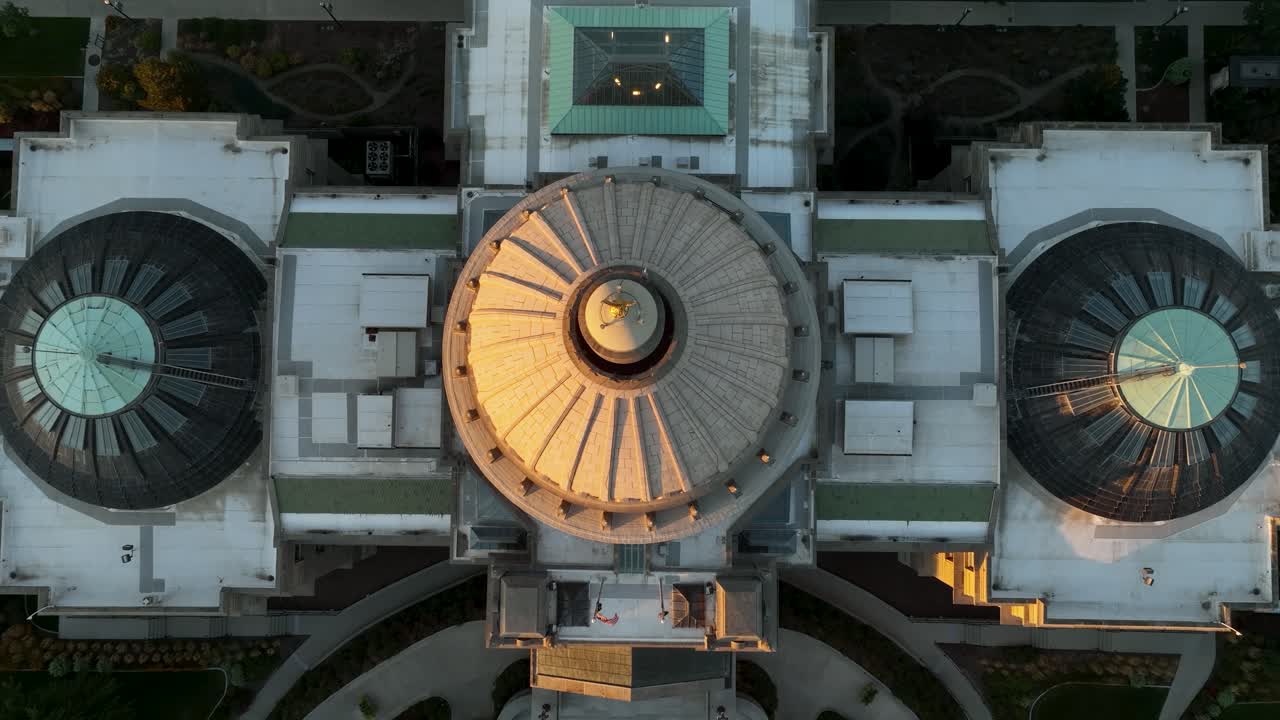 Overhead aerial of the Idaho State Capitol Building dome at sunset