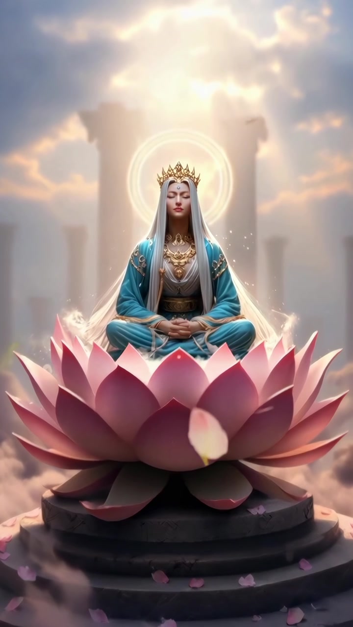 Deusa Serena Meditando em uma Flor de Lótus Rosa com Pétalas Caindo