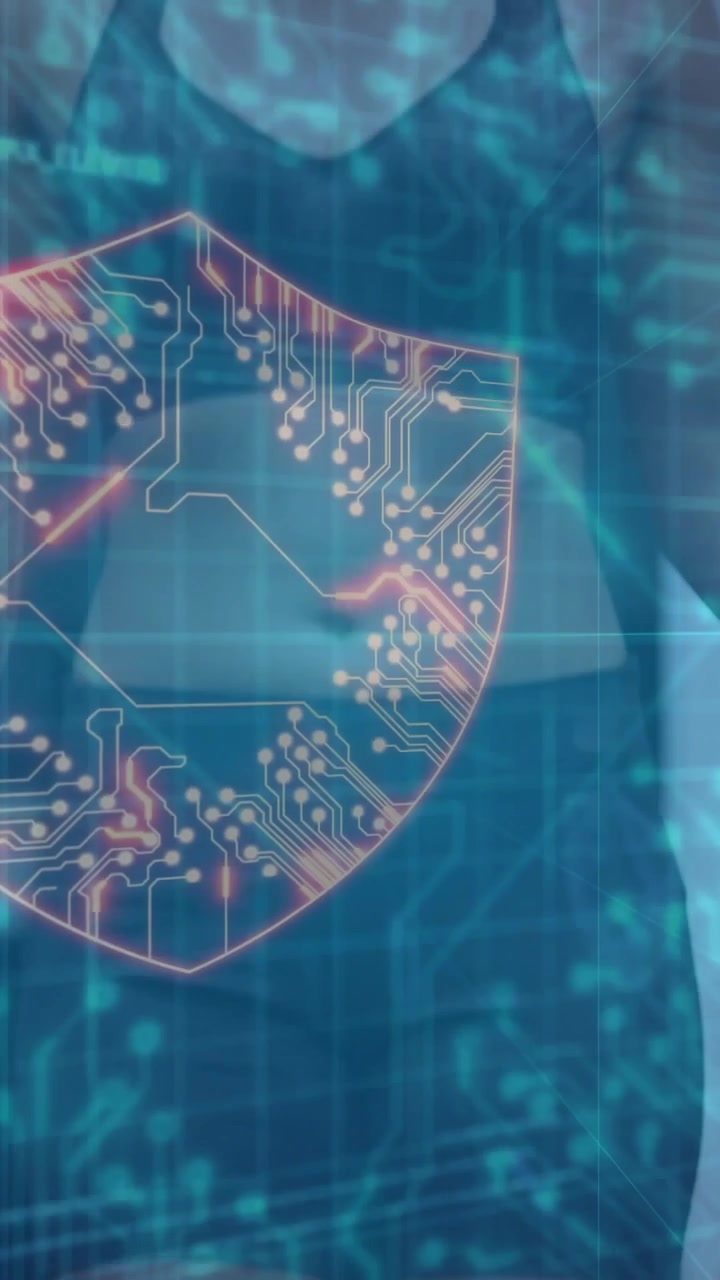 Vertical video: Panning up revealing woman standing, circuit shield rising on torso showing health