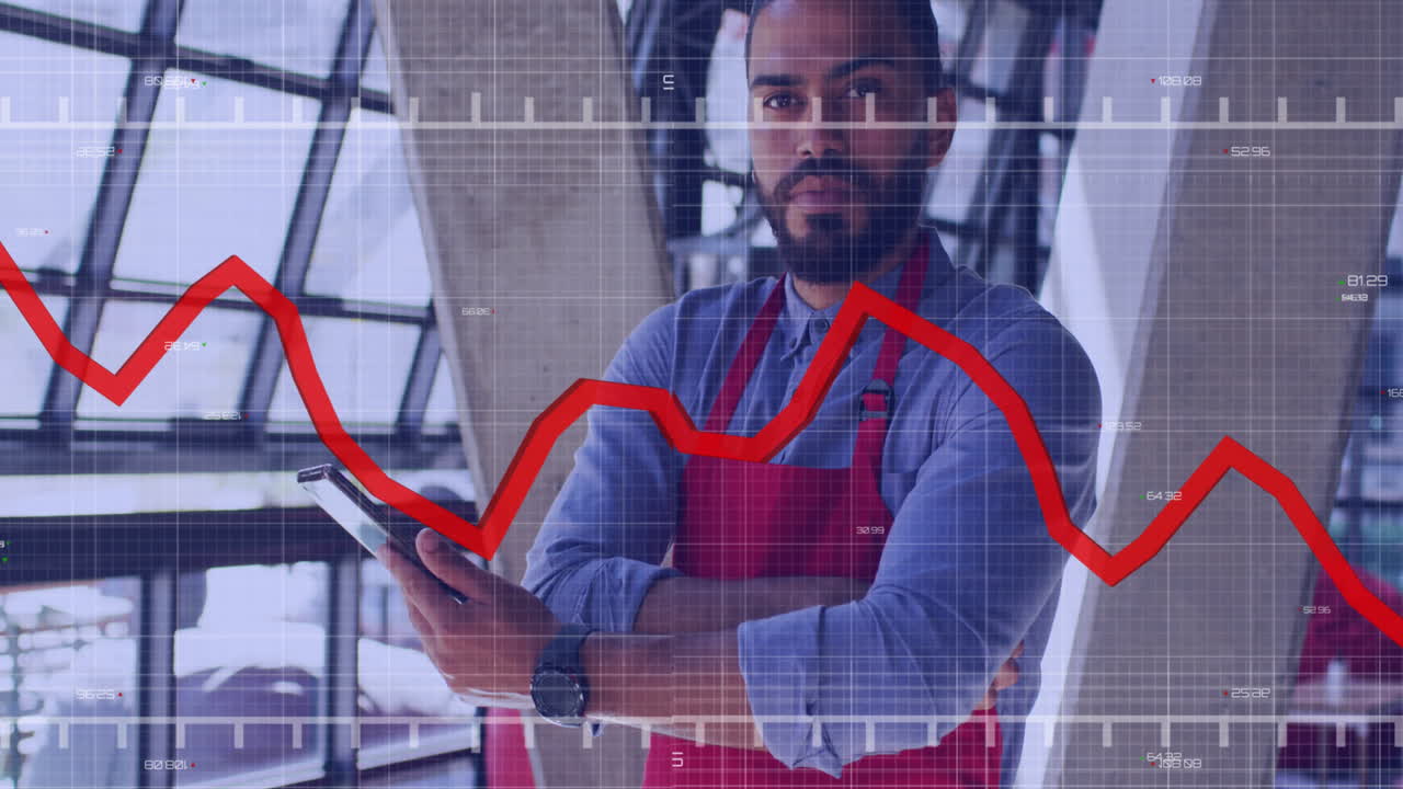 Animation of data processing over biracial male barista using smartphone