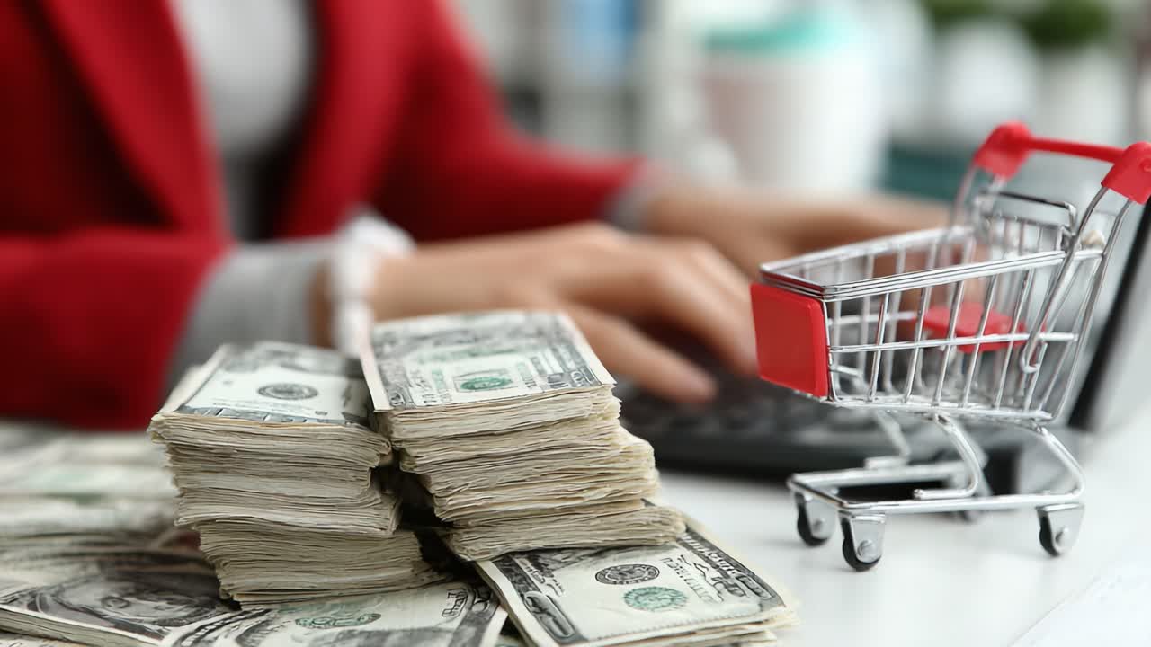Close-Up em Transações Financeiras: Uma Mão Contando Dinheiro e um Mini Carrinho de Compras em Destaque Durante um Processo de Cálculo Comercial.