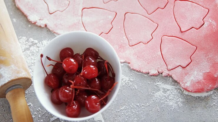 Red cherries in bowl with cookies dough and cutter 4k