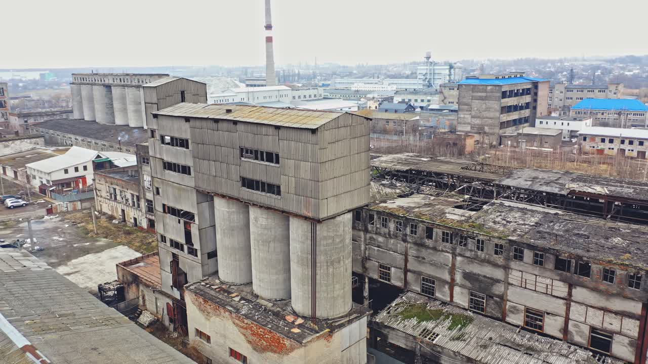 Aerial view of an abandoned industrial plant. Factory ruins.