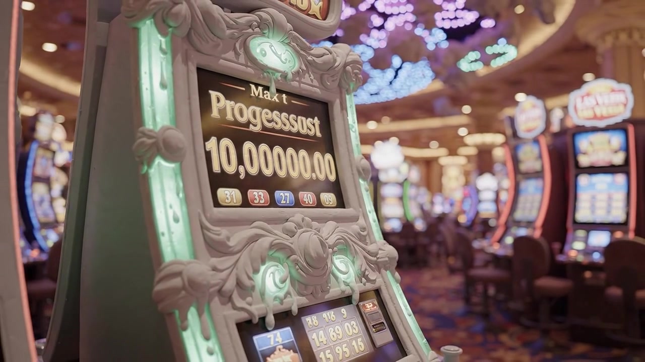 Primo piano di una scintillante slot machine da casinò con jackpot progressivo e sfondo colorato con luci brillanti e un'atmosfera invitante per i giocatori d'azzardo.