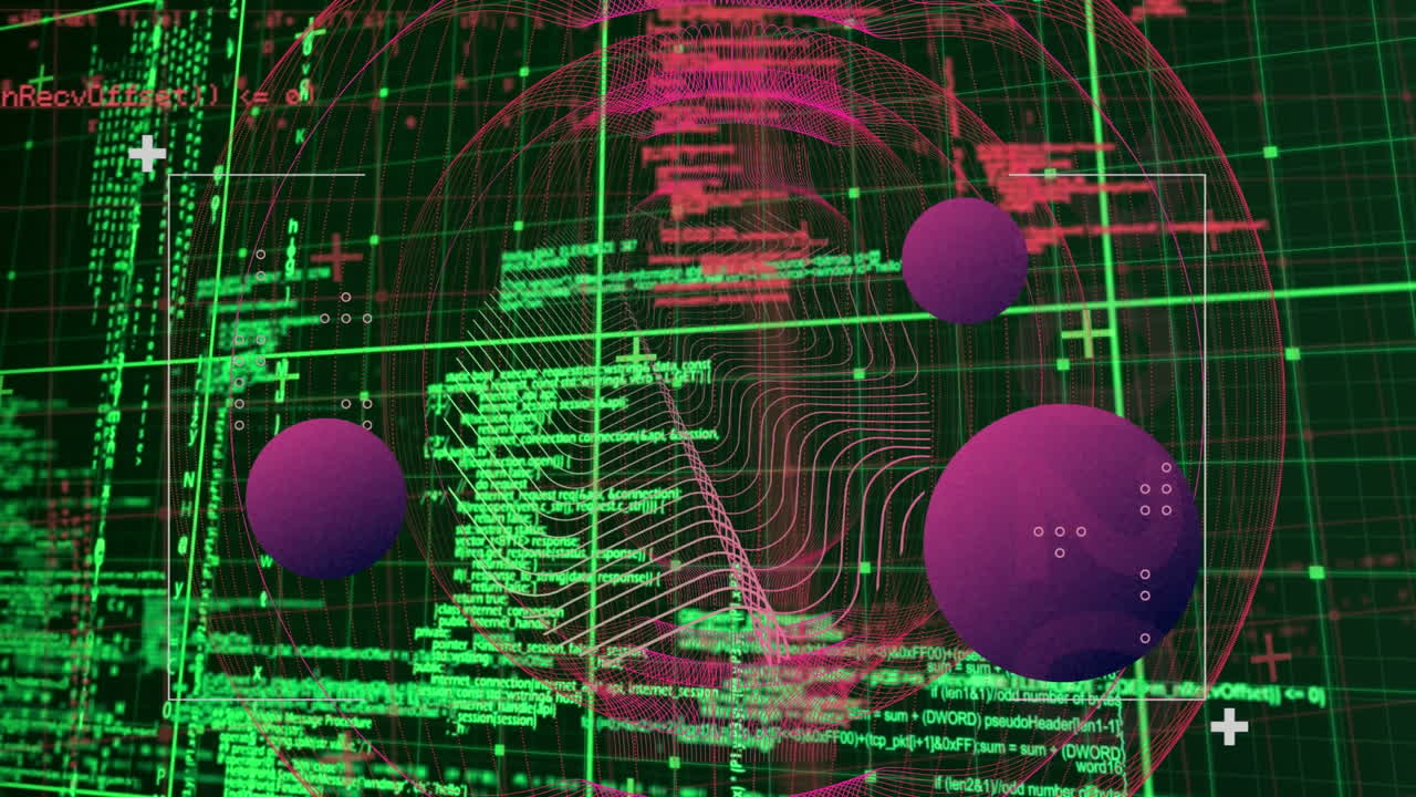 animación del procesamiento de datos y formas geométricas sobre un fondo oscuro