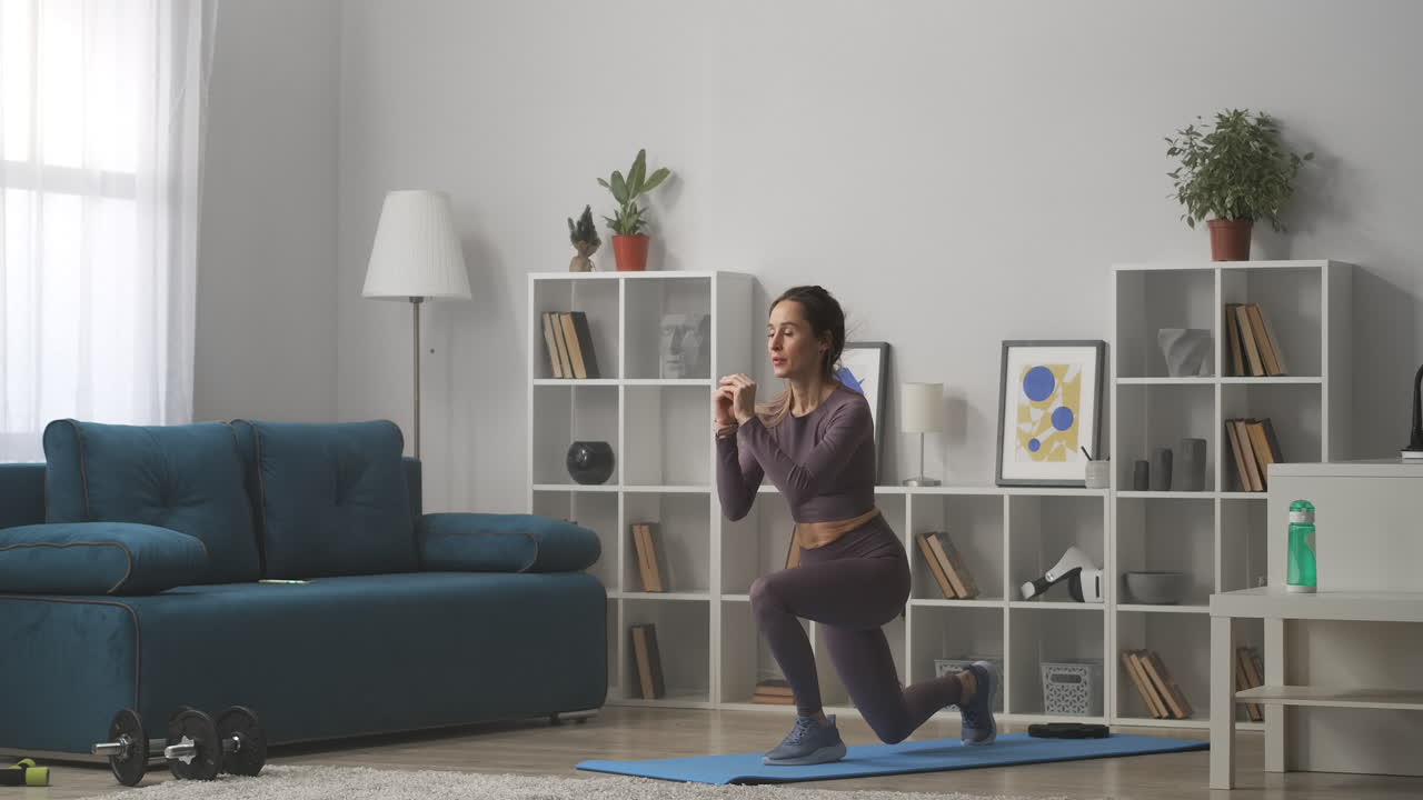 fitness en casa joven mujer delgada está saltando y agachándose en la sala de estar actividad deportiva y estilo de vida saludable tiro de longitud completa