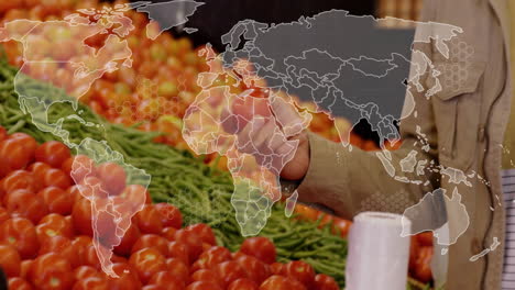 world map animation over fresh vegetables at market