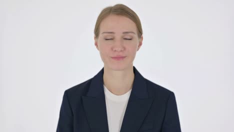 agree young businesswoman shaking head on white background