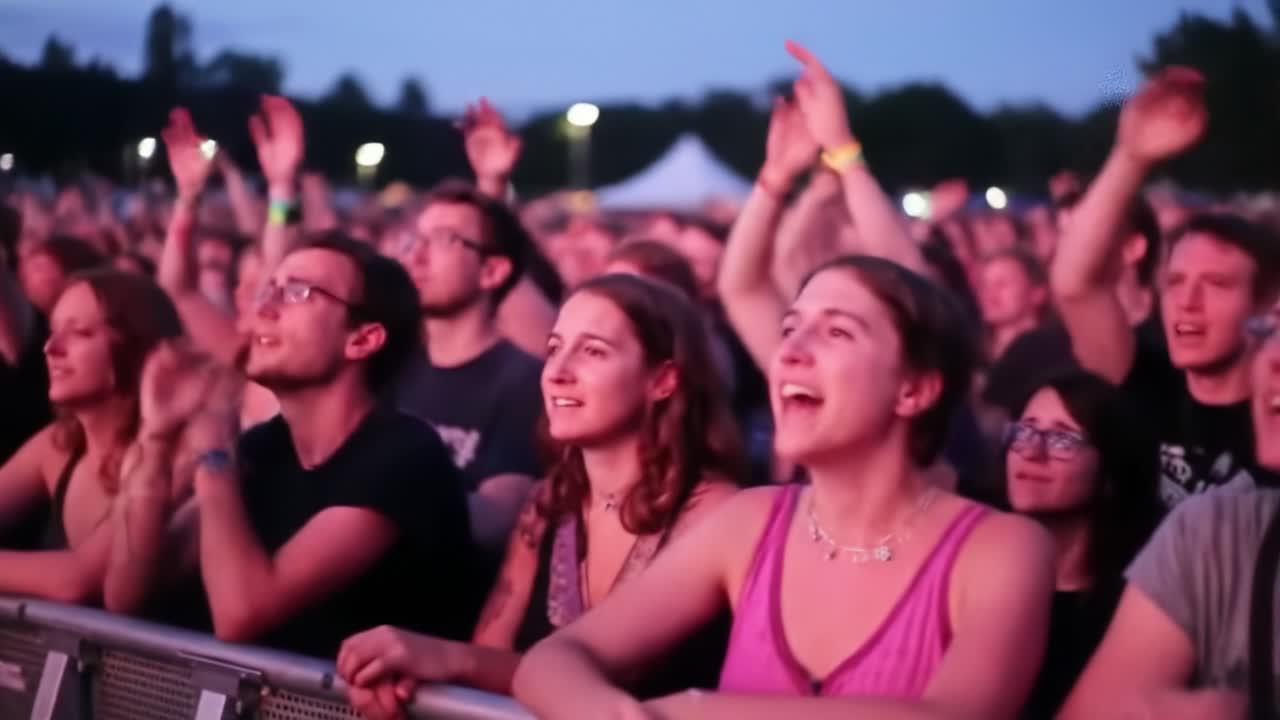 A Captivating Crowd Experience at Dusk: Enthusiastic Fans Enjoying Music at an Outdoor Concert, Pulse of Excitement in the Evening Air