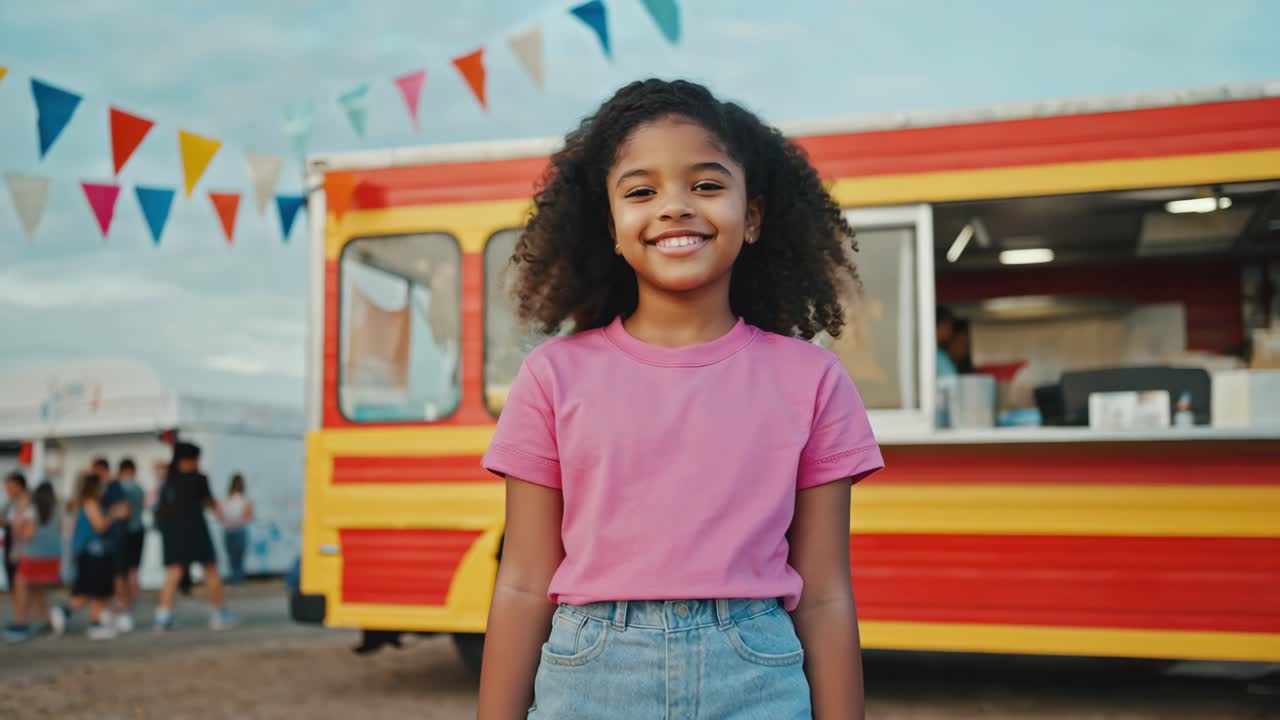 Young girl with curly hair is smiling in front of a colorful food truck at an outdoor street food festival, enjoying the festive atmosphere and anticipating a delicious meal