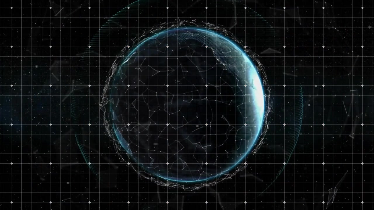 Upon rotating 3D globe launching beams and panels visualizing live global network data flow