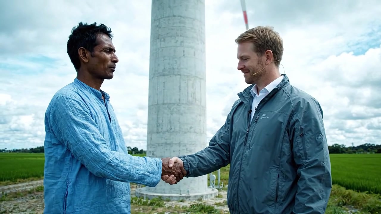 Two men meet at a wind turbine site, showcasing collaboration and friendship in an agricultural landscape under a cloudy sky.