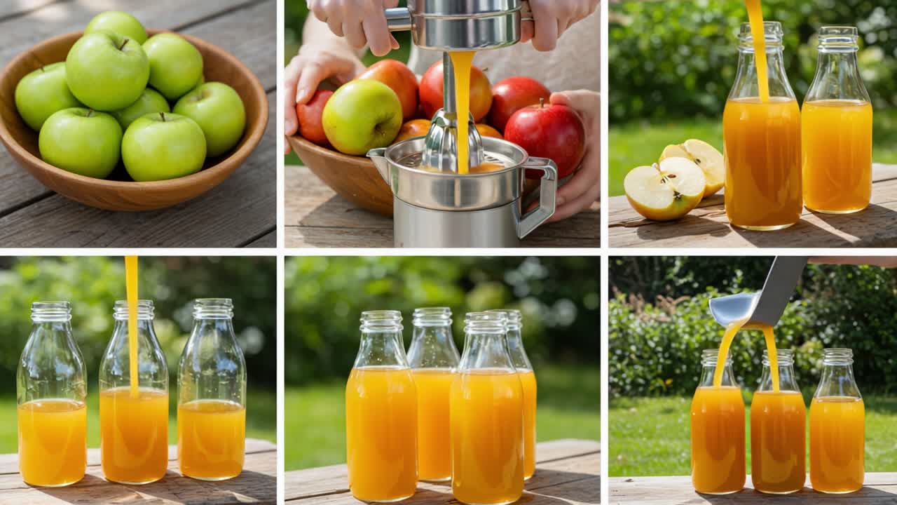 Fresh Apple Juice Production Process: From Whole Apples to Bottled Refreshment with a Juicer and Clear Glass Bottles in a Sunlit Garden Setting