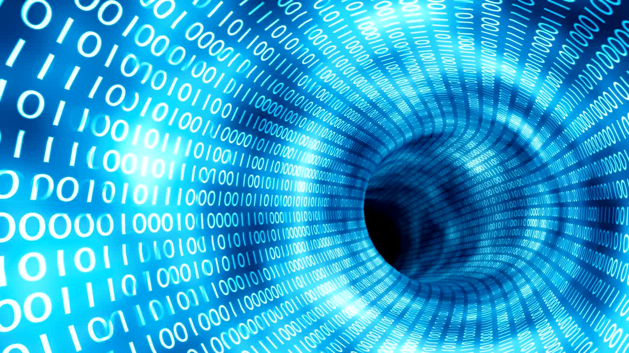 Flight in binary tunnel. Internet and computer network concept. Looping 3D rendered animation.
