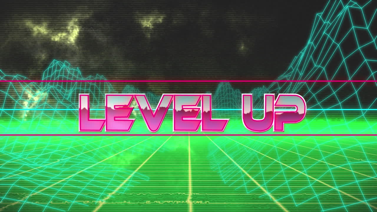 그리드 네트워크와 메타버스 구조를 통해 레벨 업 텍스트 배너의 애니메이션을 원활한 패턴으로