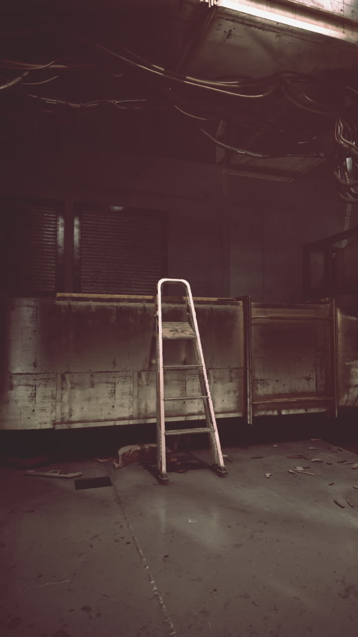 Old ladder stands in a dimly lit industrial space awaiting new adventures