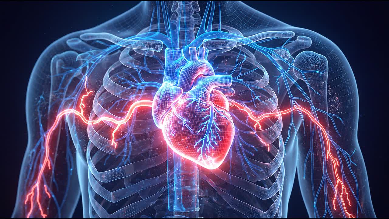 Corazón humano altamente detallado dentro del pecho con arterias y venas brillantes, visualización conceptual del sistema cardiovascular