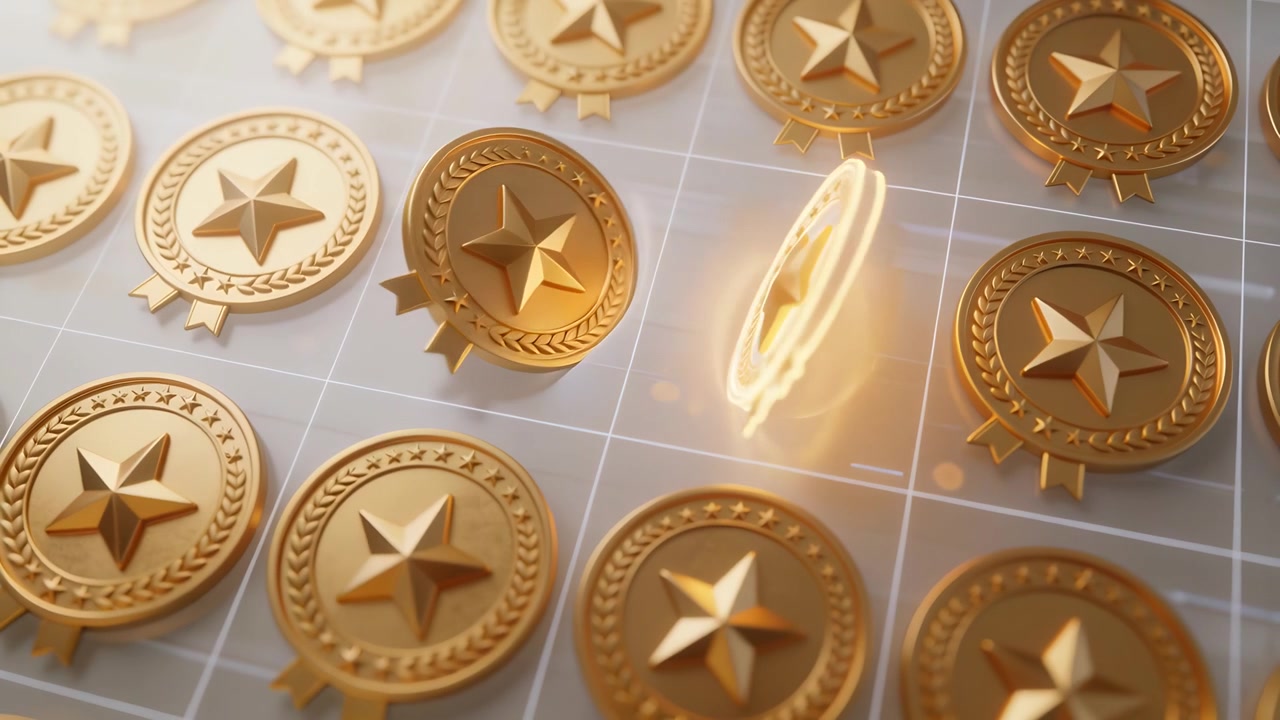 Brightening gold medallion token lifting, tilting and rotating on tiled grid, casting highlights