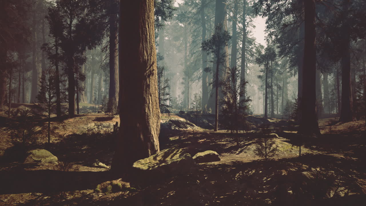 Sunlight filters through trees in a serene forest environment