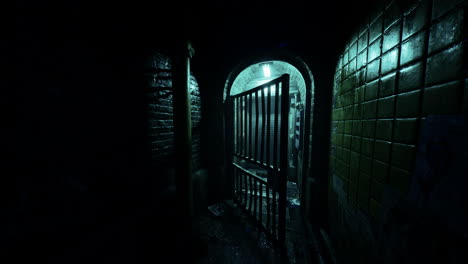 dark alley with gate and brick walls