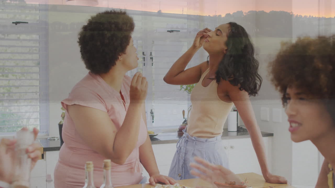 In kitchen, women sharing snacks and laughing together in modern animation scene