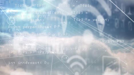 web of connection and data processing against blue sky