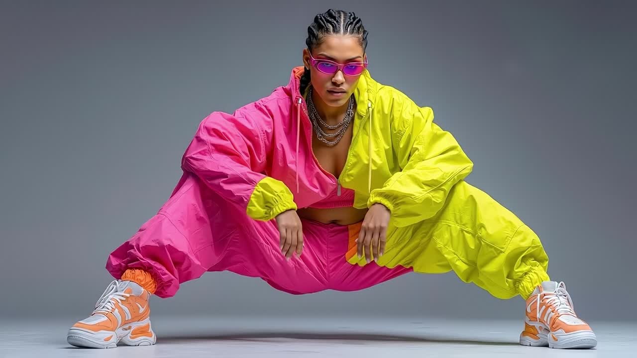 A woman in a pink top and yellow pants is dancing