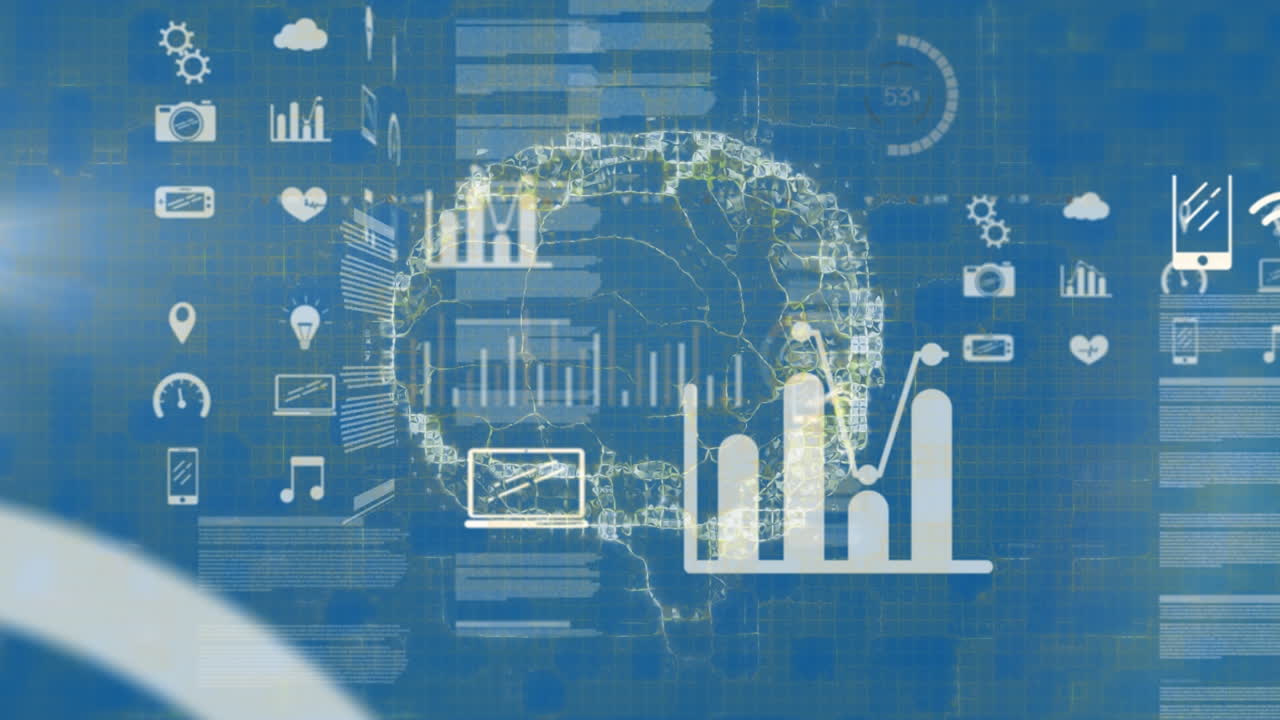 Animation of data processing and icons over cityscape