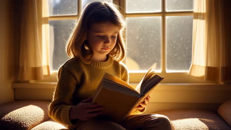 a young girl reads a book by a sunlit window