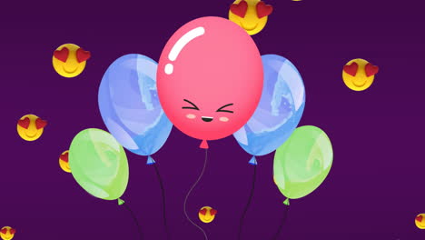 Animación-De-Globos-Y-Emojis-De-Corazón-Sobre-Fondo-Morado